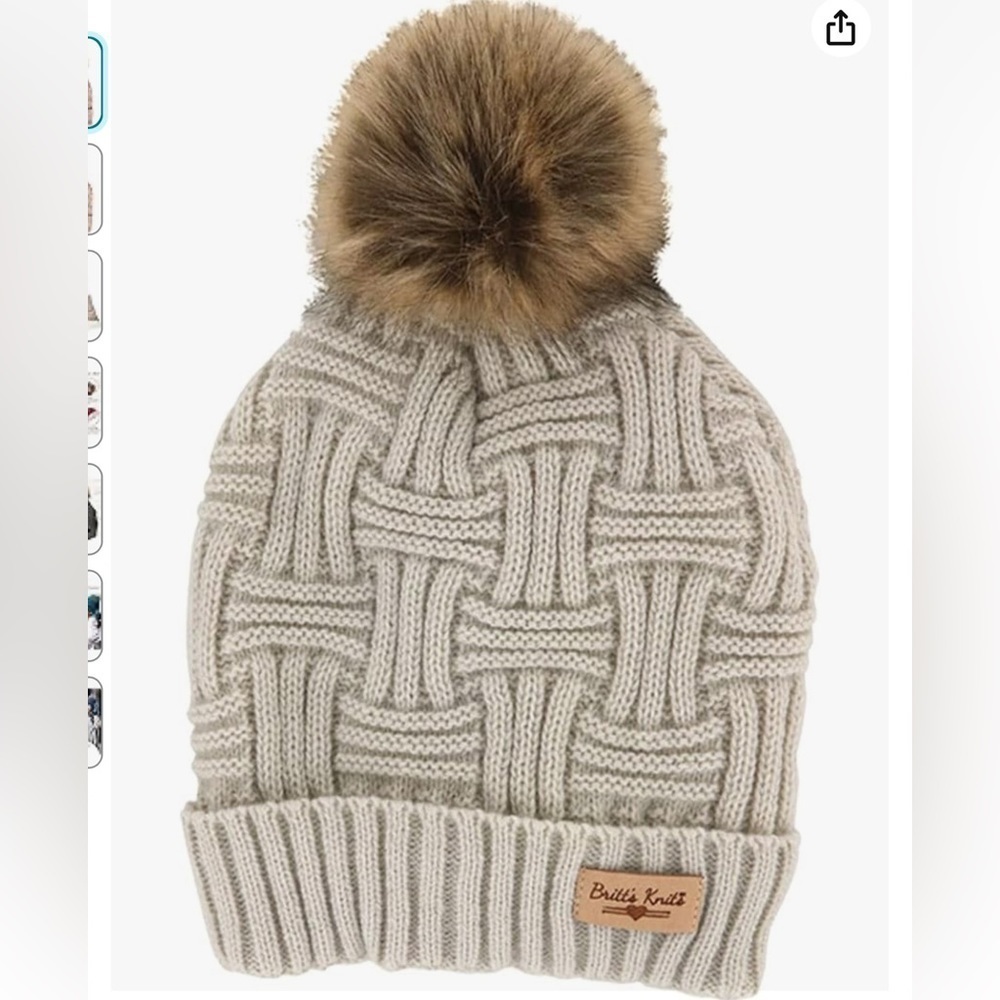 Britt’s Knits tan plush lined knit beanie with Pom Pom One Size